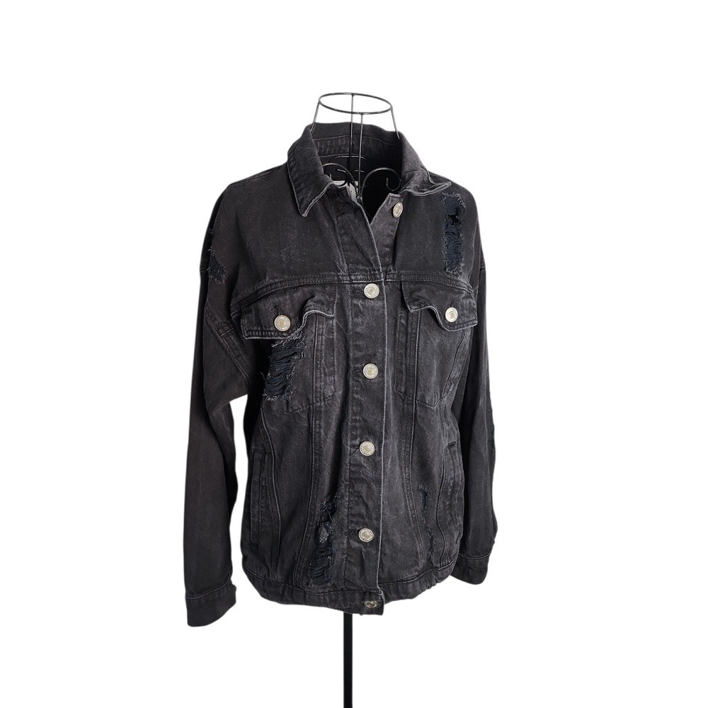 Forever 21 Denim Jacket Women Medium Black Distressed Streetwear Edgy Grunge